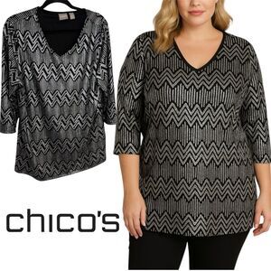Chico's Black and Silver Metallic Zigzag Blouse 16/XL